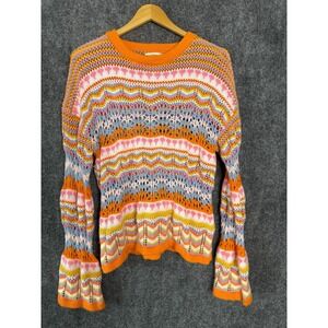 Tees2UrDoor Sweater Women M Multicolor Crochet‎ Knit Bell Sleeve Boho Festival
